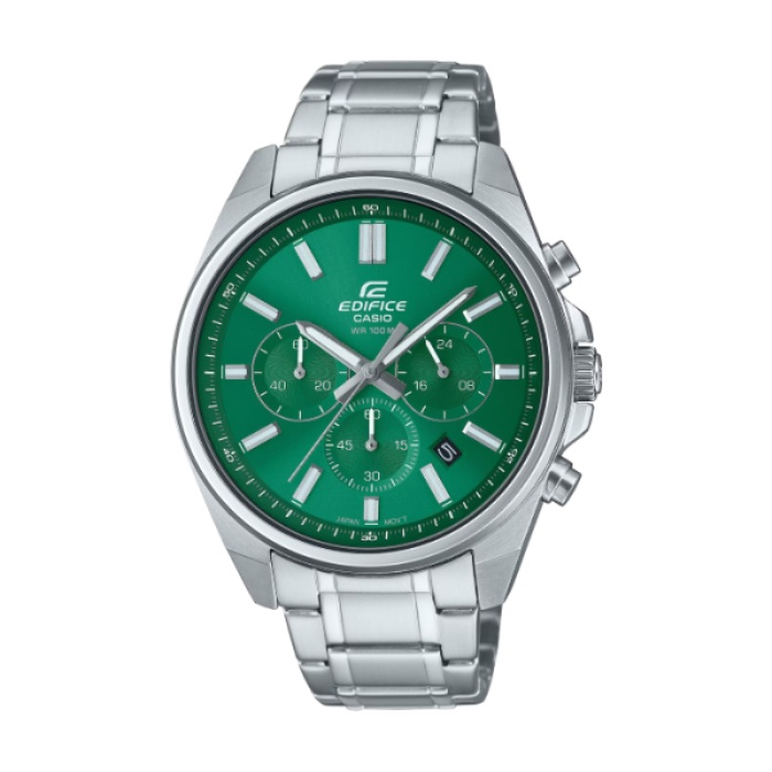 【CASIO EDIFICE】簡約時尚三眼計時鋼帶腕錶-寶石綠/EFV-650D-3AV