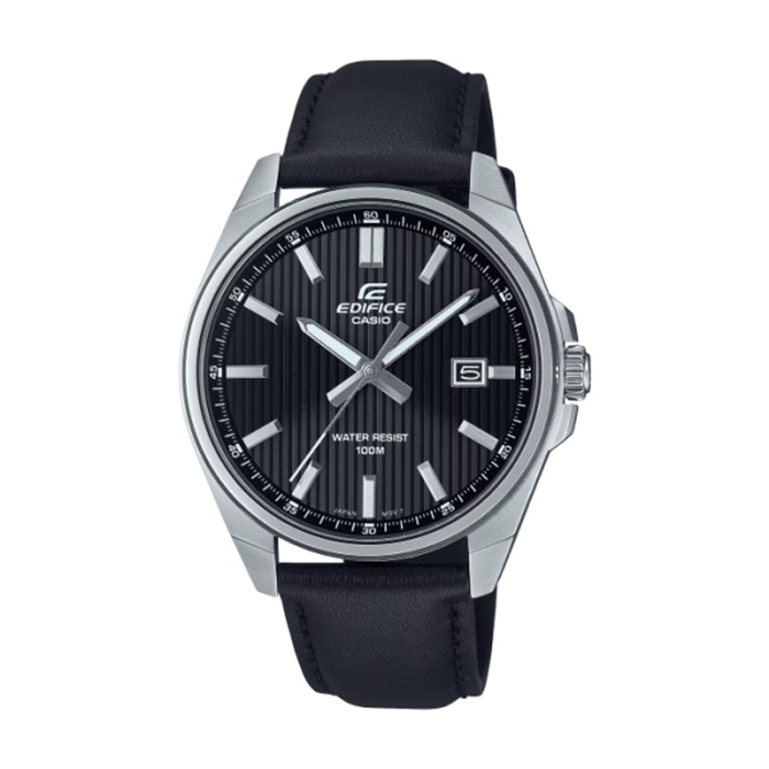 【CASIO EDIFICE】經典簡約日期皮革腕錶-純黑款/EFV-150L-1AV