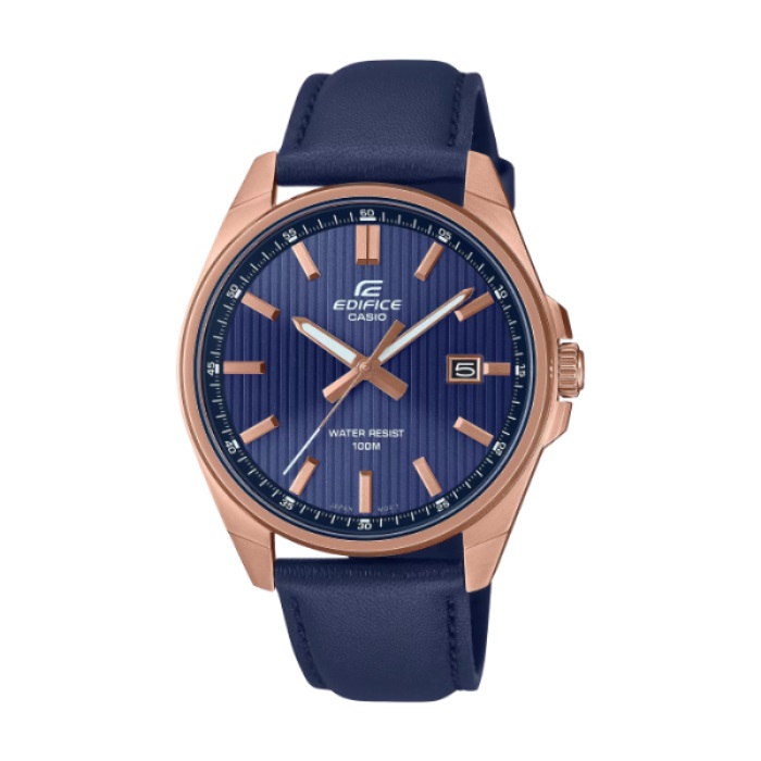 【CASIO EDIFICE】經典簡約日期皮革腕錶-寶藍款/EFV-150CL-2AV