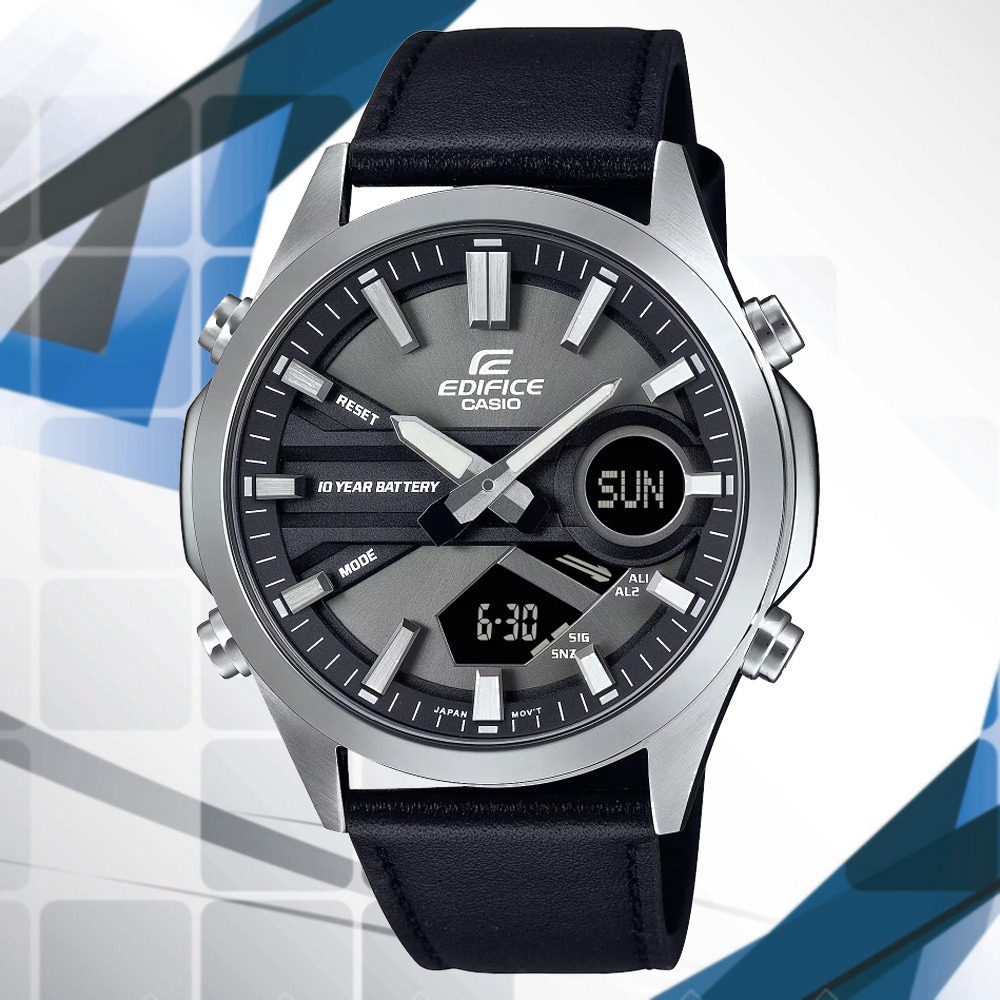 CASIO 卡西歐 EDIFICE 長效電力 數位指針運動設計雙顯錶-真皮錶帶 EFV-C120L-8A