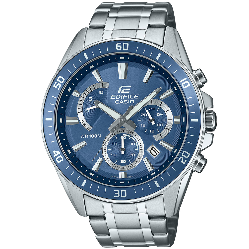 【CASIO 卡西歐】EDIFICE 時尚先鋒三眼計時不鏽鋼賽車腕錶/銀x灰藍面(EFR-552D-2A)
