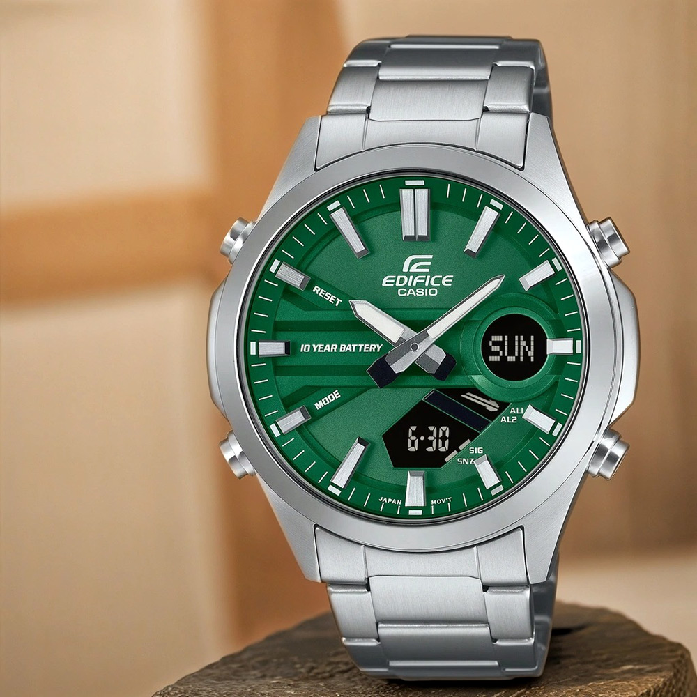 CASIO 卡西歐 EDIFICE 10年電力簡約計時手錶-綠 EFV-C120D-3A