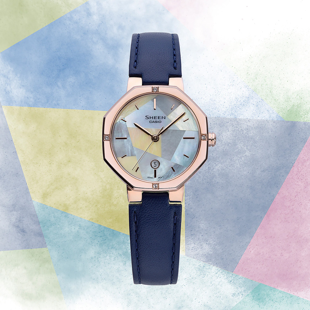 CASIO 卡西歐 SHEEN 拚色系 珍珠貝日期手錶-藍 SHE-4543CGL-2A