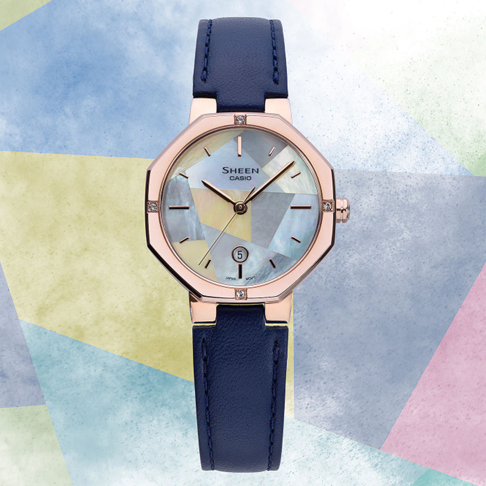 CASIO卡西歐 SHEEN 幾何八角形皮革腕錶-藍 SHE-4543CGL-2A