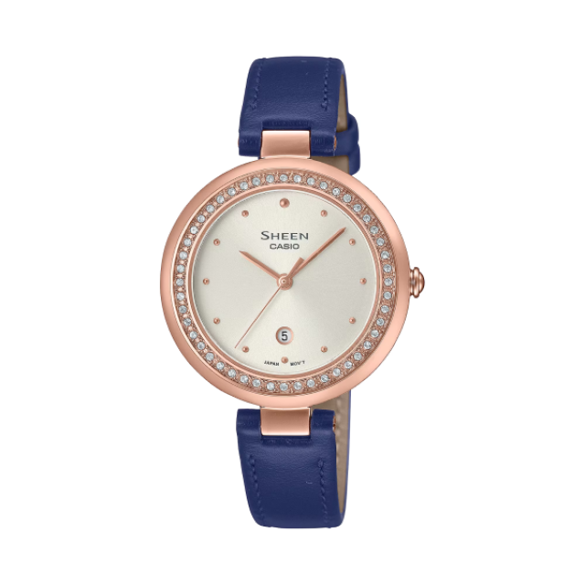 【CASIO SHEEN】低調奢華日期皮革腕錶-午夜藍/SHE-4556PGL-7A