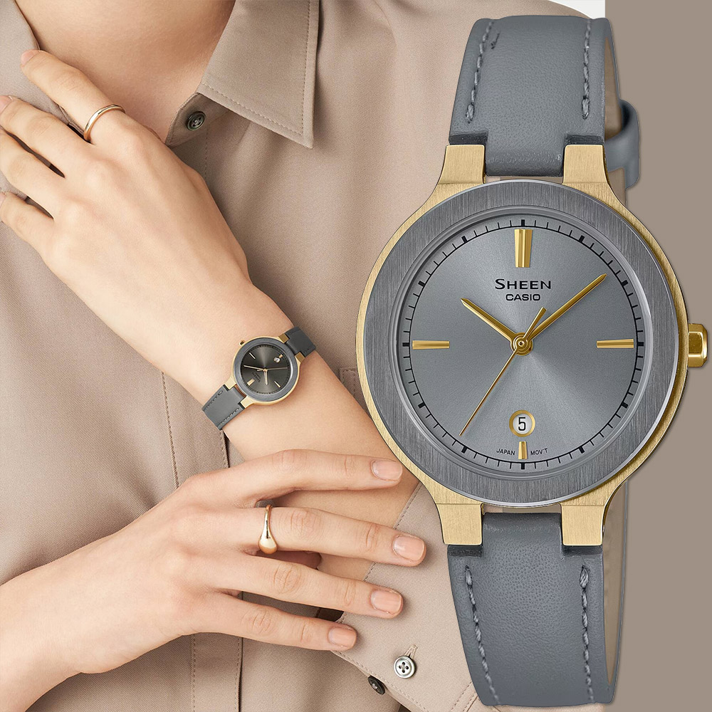 CASIO 卡西歐 SHEEN 輕奢金屬光皮帶女錶 SHE-4559GL-8A