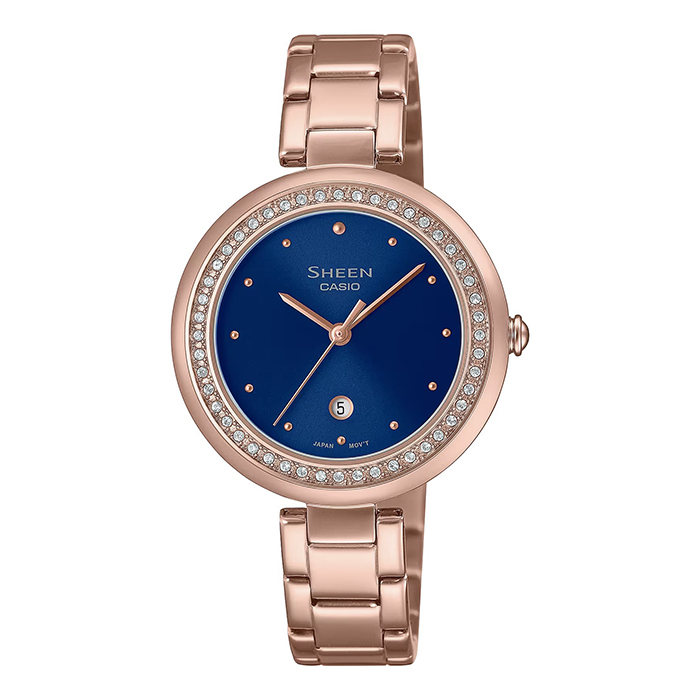 【CASIO】卡西歐 SHEEN 奢華水鑽 藍寶石鏡面 日期 SHE-4556PG-2A 鋼錶帶女錶 藍/玫瑰金