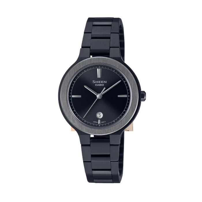 【CASIO SHEEN】優雅簡約日期鋼帶腕錶-高冷黑/SHE-4559BD-1A