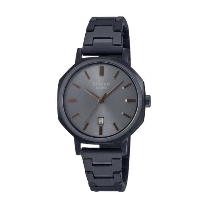 【CASIO SHEEN】高雅時尚簡約八角不鏽鋼腕錶-時尚黑/SHE-4554BD-8A