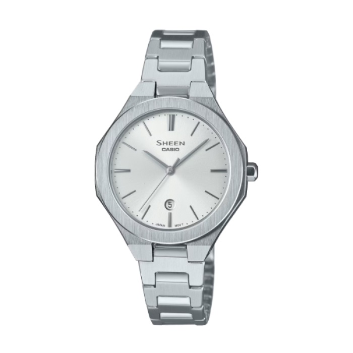 【CASIO SHEEN】現代極簡八角日期不鏽鋼腕錶-經典銀/SHE-4563D-7A
