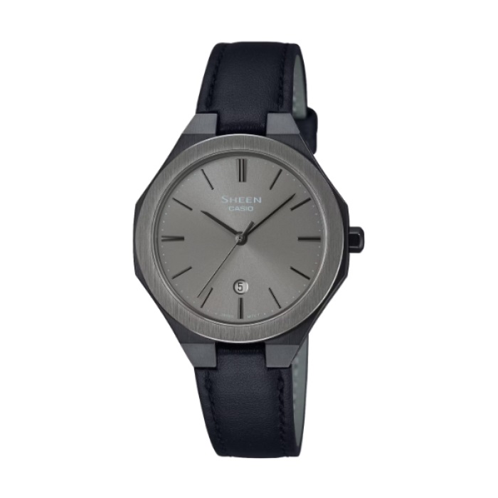 【CASIO SHEEN】現代極簡八角日期皮革腕錶-簡約黑/SHE-4563BL-8A