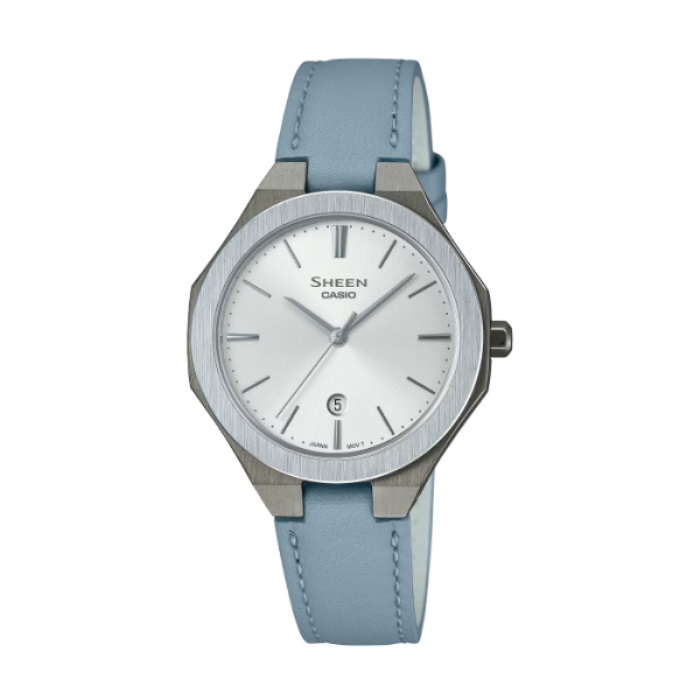 【CASIO SHEEN】現代極簡八角日期皮革腕錶-藍灰款/SHE-4563GYL-7A