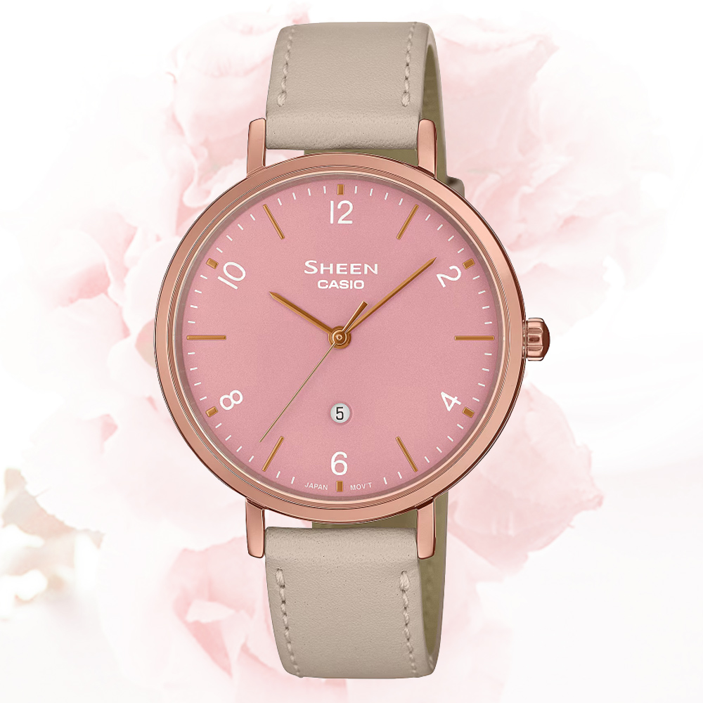 CASIO 卡西歐 SHEEN 都市時尚配色 真皮錶帶淑女腕錶-粉 SHE-4562PGL-4A