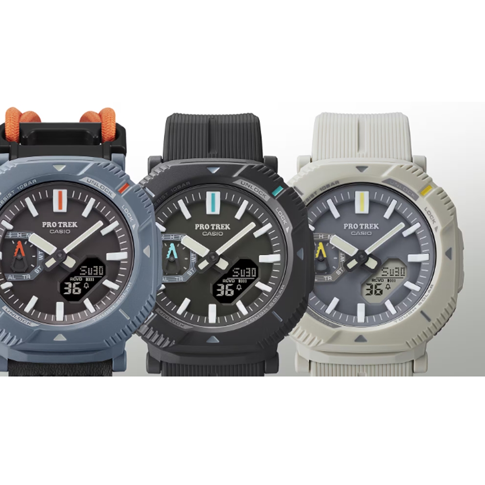 【CASIO 卡西歐】PRO TREK 旋轉防護錶圈 彈力繩錶帶 灰藍 藍芽 太陽能電力 PRJ-B001B-2 46mm