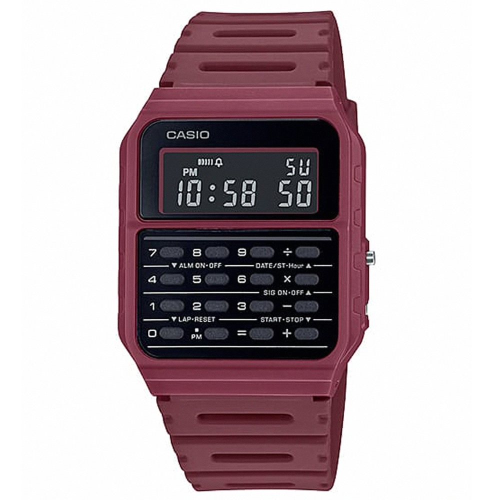 【CASIO 卡西歐】多色系風潮計算機樹脂腕錶/酒紅(CA-53WF-4B)