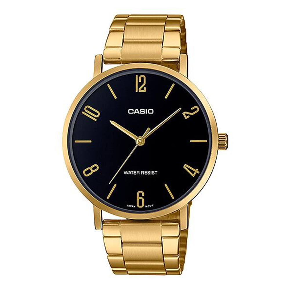 CASIO 卡西歐 指針錶不鏽鋼錶帶黑色錶面 休閒運動多功能防水電子錶MTP-VT01G-1B2