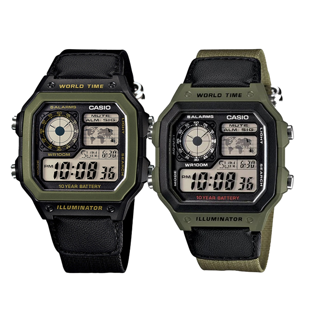 【WANgT】CASIO 卡西歐 AE-1200WHB 空中飛人 迷彩方形 世界地圖 多時區 帆布 電子錶 膠錶 手錶