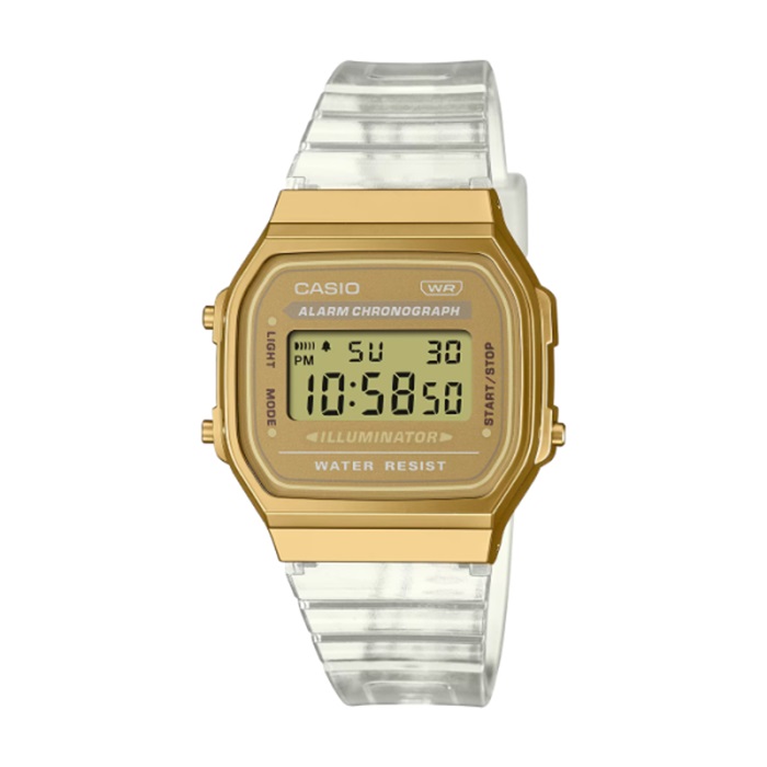 【CASIO 卡西歐】復古潮流方形經典電子腕錶-透金款/A168XESG-9A
