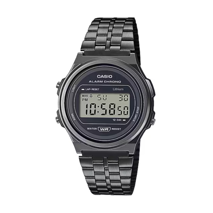 【CASIO 卡西歐】復古時尚電子不鏽鋼腕錶-槍黑款/A171WEGG-1A
