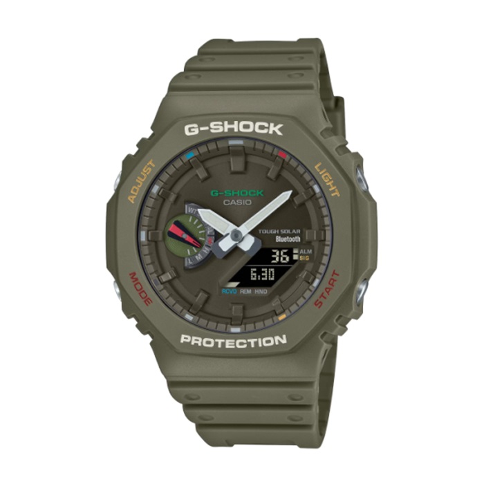 【CASIO G-SHOCK】繽紛色彩派對風格八角雙顯時尚腕錶-軍綠款/GA-B2100FC-3A