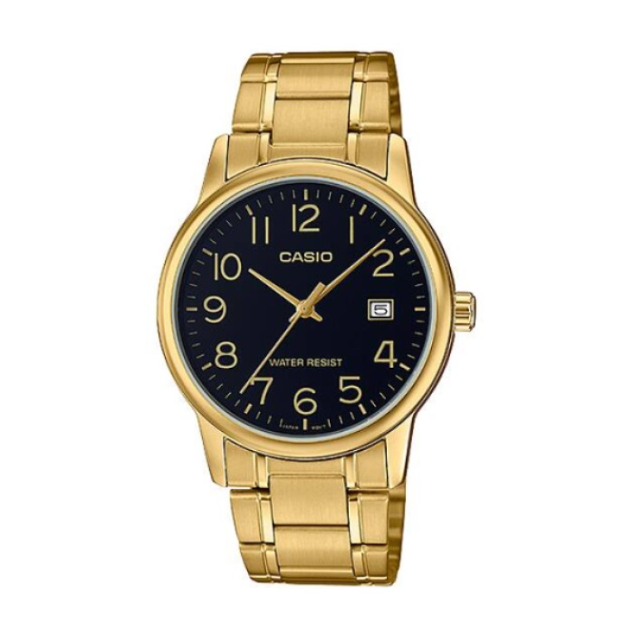 【CASIO 卡西歐】復古數字時標日期休閒腕錶-黑金款/MTP-V002G-1B