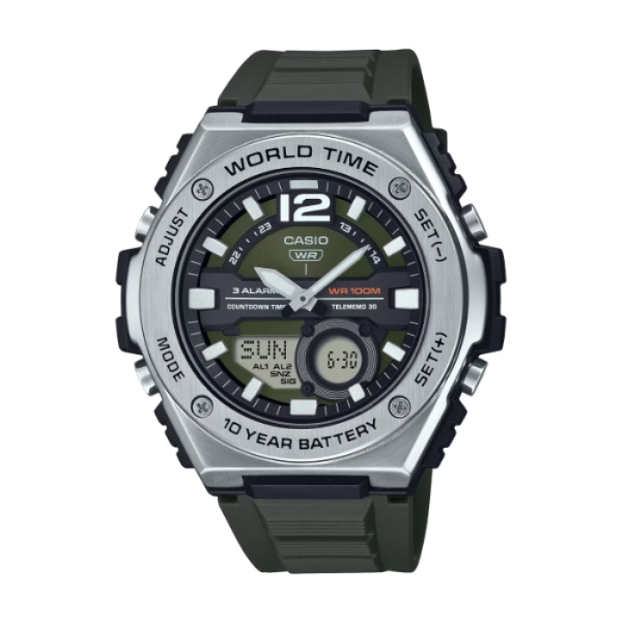 【CASIO 卡西歐】金屬包覆設計運動電子腕錶-深綠色/MWQ-100-3AV