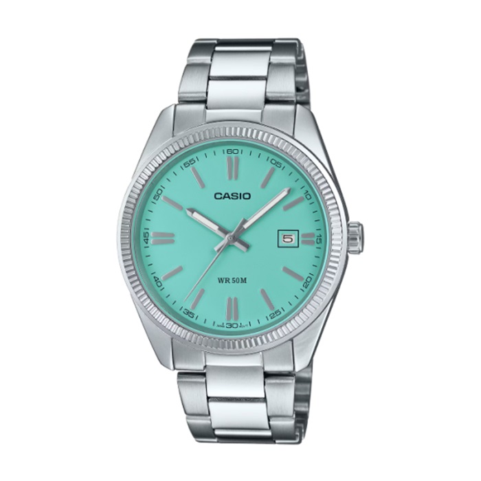 【CASIO 卡西歐】簡約立體面盤日期休閒腕錶-湖水綠/MTP-1302PD-2A2V