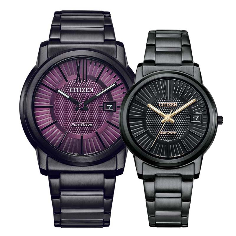 【CITIZEN】星辰 AW1217-83X FE6017-85E 羅馬字 鋼錶帶 日期顯示 光動能對錶 黑+紫