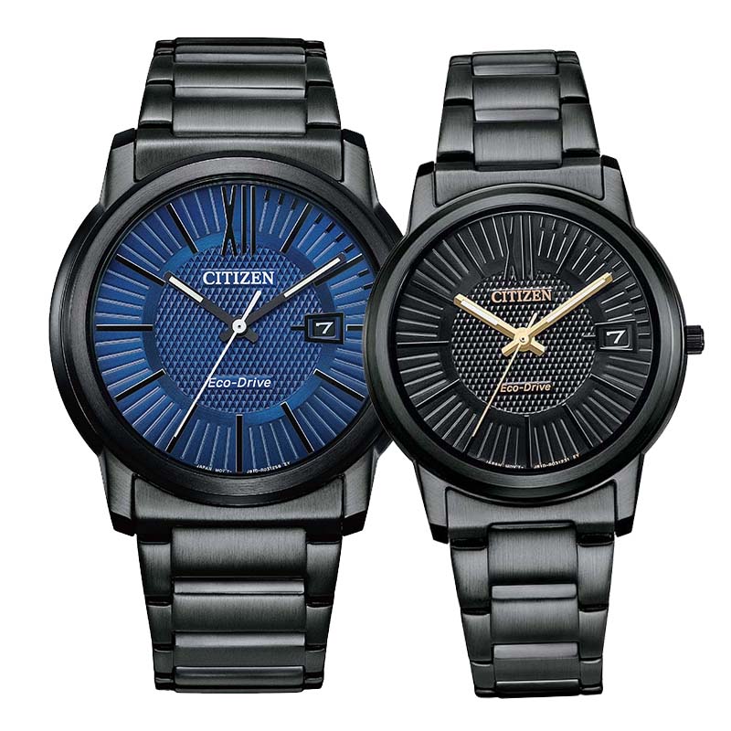 【CITIZEN】星辰 AW1217-83L FE6017-85E 羅馬字 鋼錶帶 日期顯示 光動能對錶 藍+黑金