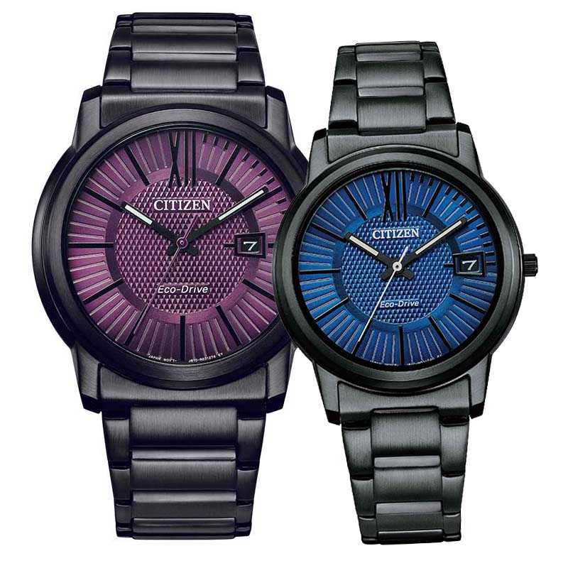 【CITIZEN】星辰 AW1217-83X FE6017-85L 羅馬字 鋼錶帶 日期顯示 光動能對錶 紫+藍