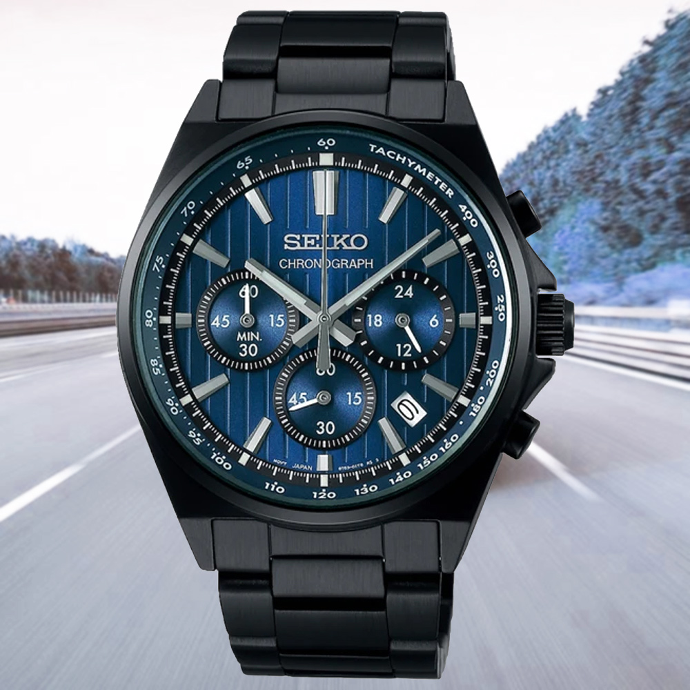 SEIKO 精工 CS系列 三眼計時碼表潮男腕錶-黑藍41mm(SBTR035J/8T63-01T0U)
