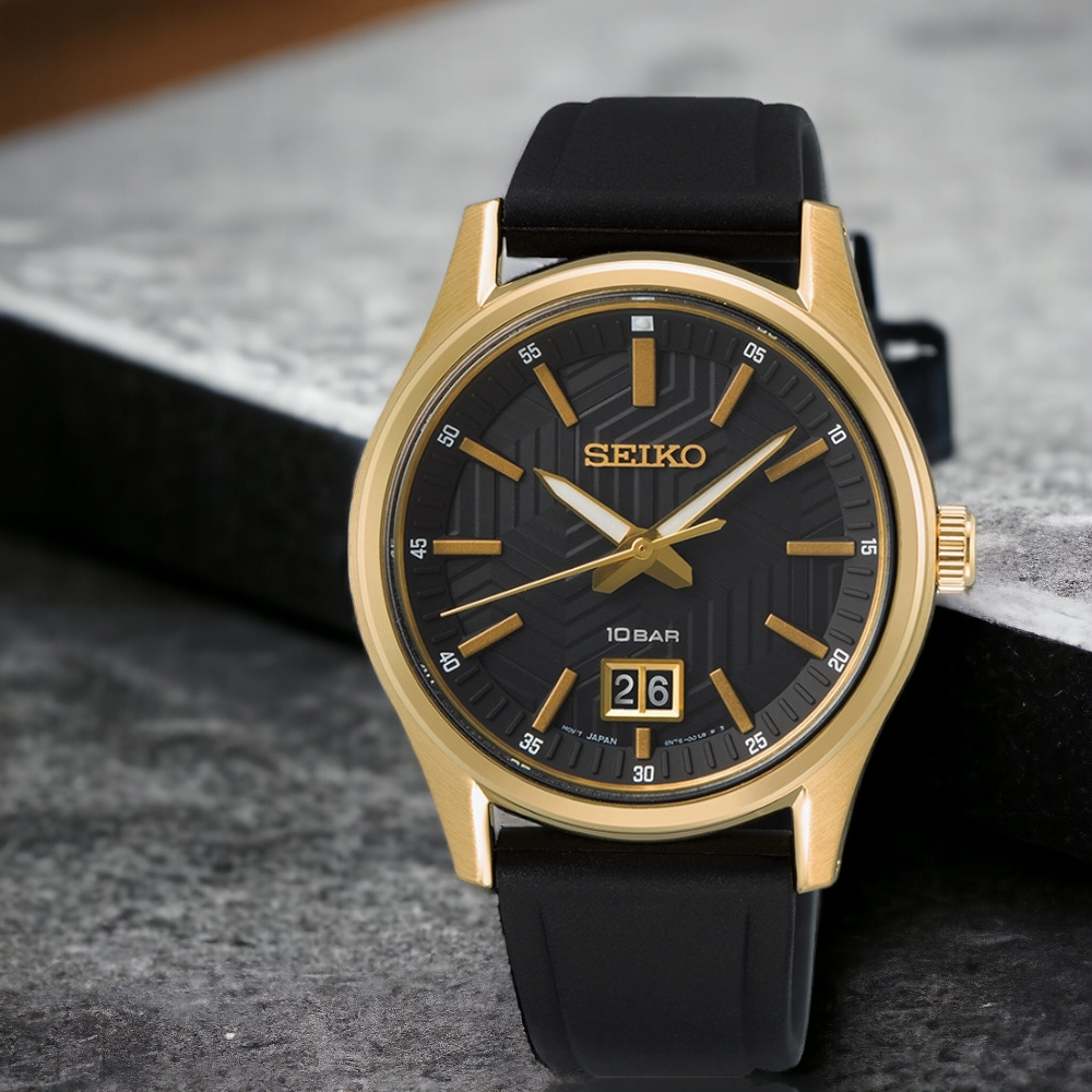SEIKO 精工錶 CS系列 大視窗日期 腕錶-SUR560P1/6N76-00K0C 金色 男錶 橡膠錶帶 運動錶