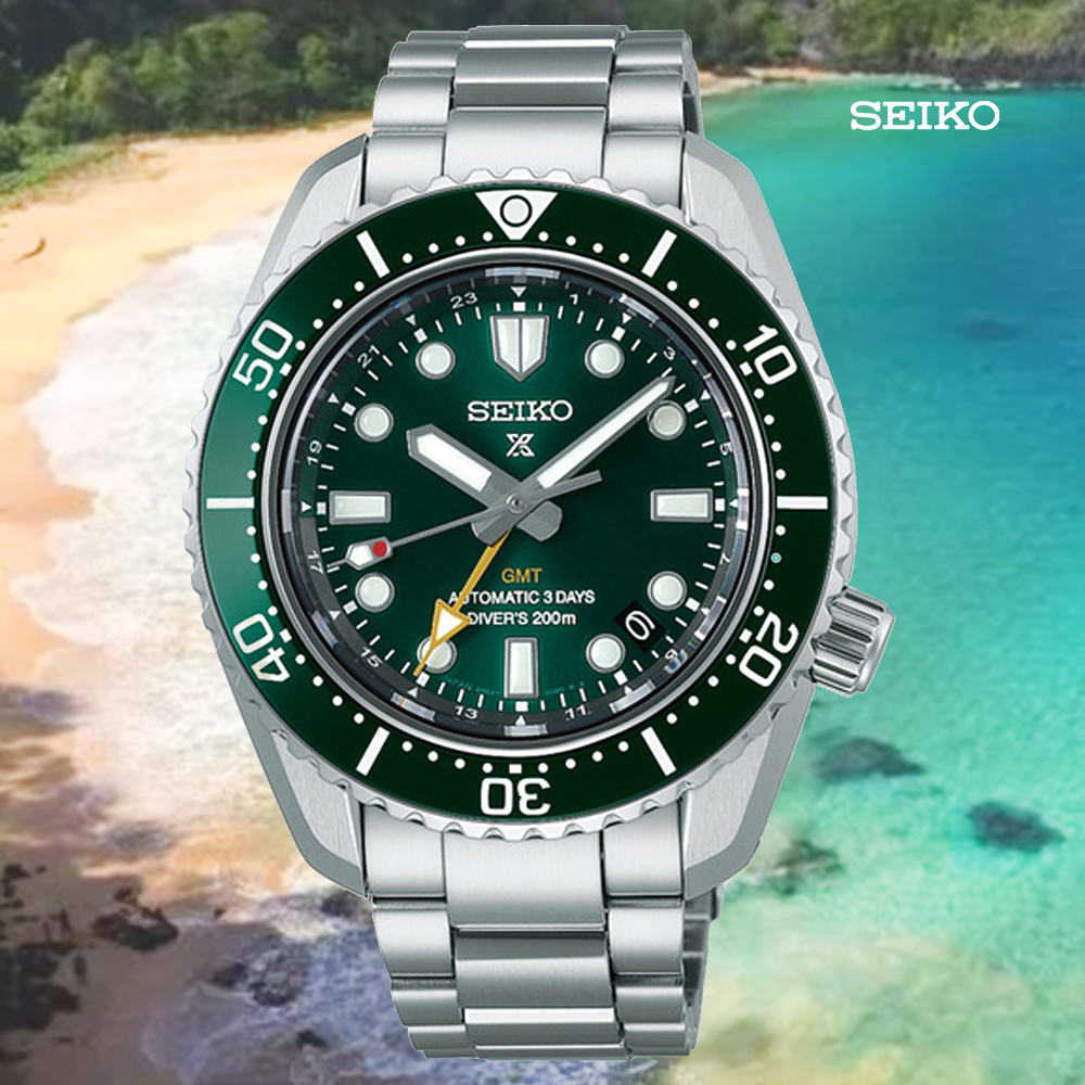 SEIKO 精工 PROSPEX GMT 兩地時間陶瓷錶圈 200米潛水錶-綠42mm SPB381J1/6R54-00D0G