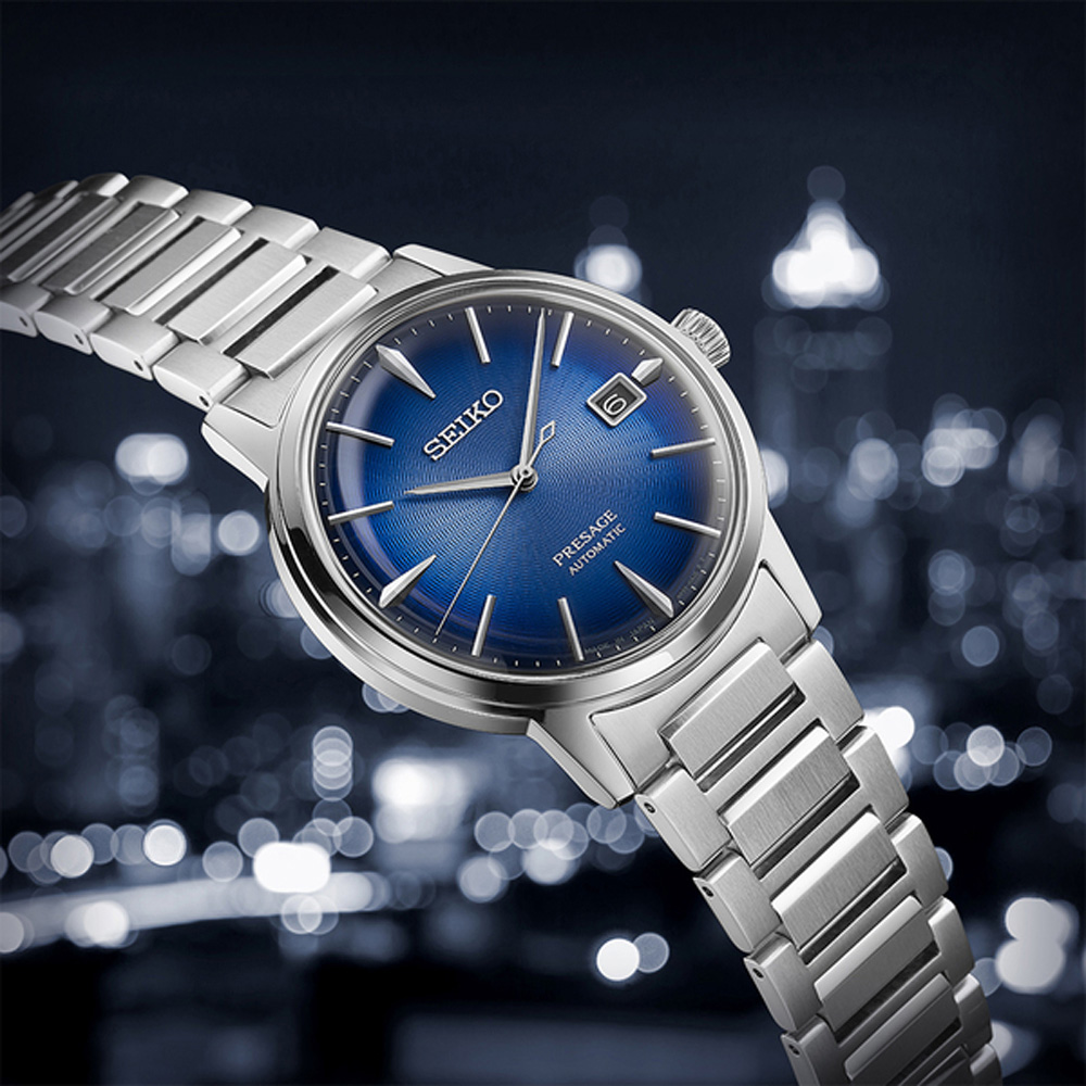 SEIKO 精工 Presage 東京酒吧飛行調酒機械錶-藍x銀/39.5mm 4R35-05E0B(SRPJ13J1)