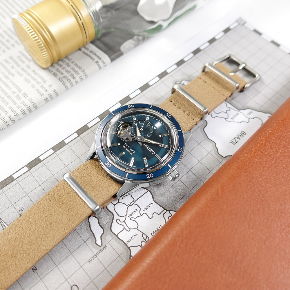 SEIKO 精工 / 4R39-01A0B / PRESAGE 復刻60年代 鏤空 機械錶 合成皮革手錶 藍x銀框x棕 41mm