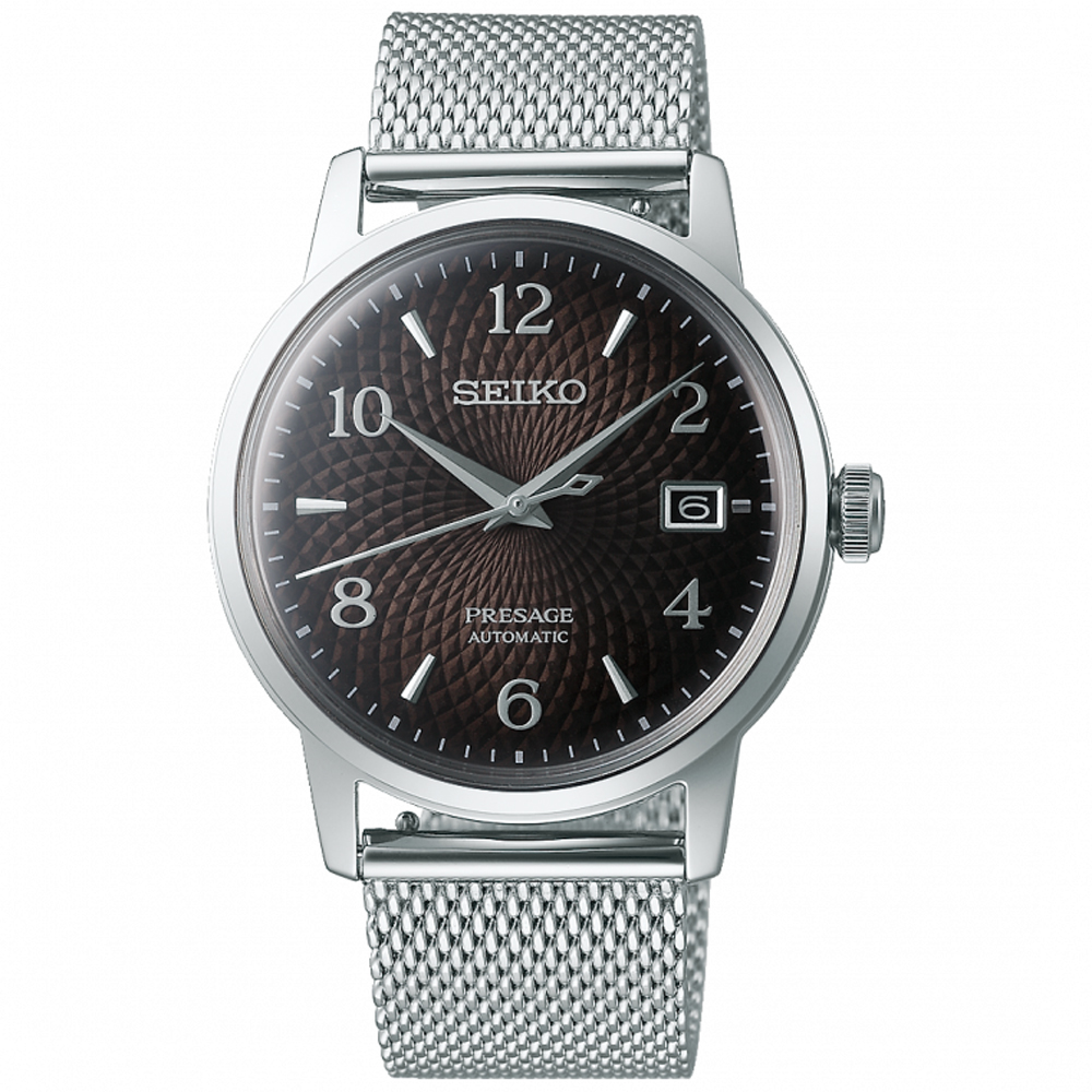 SEIKO 精工 Presage 馬丁尼調酒師系列米蘭帶機械錶-咖啡x銀/38.5mm 4R35-04A0D(SRPF39J1)