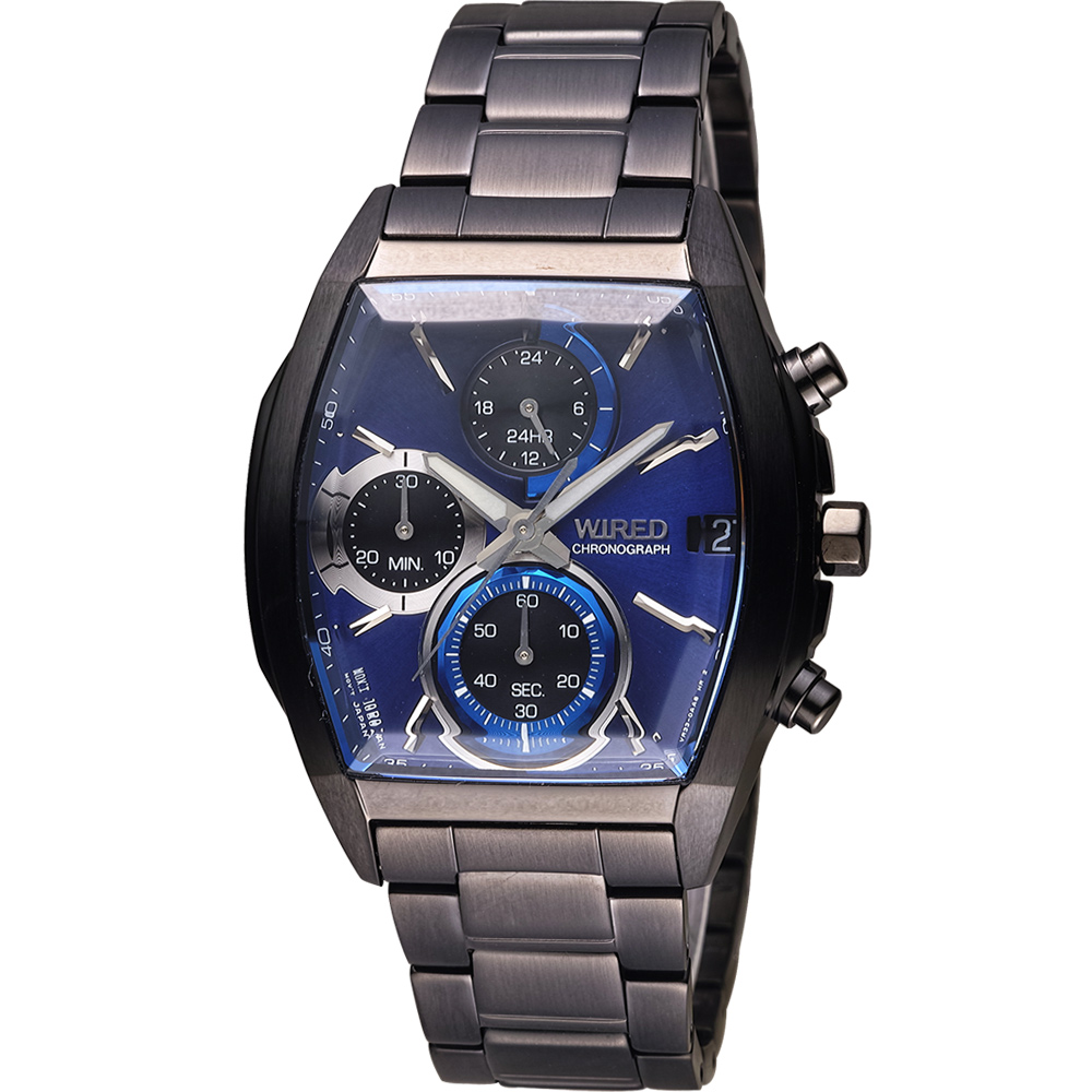 WIRED 雅柏 日系潮流炫彩三眼計時酒桶型腕錶(VR33-0AB0B)藍AY8013X1