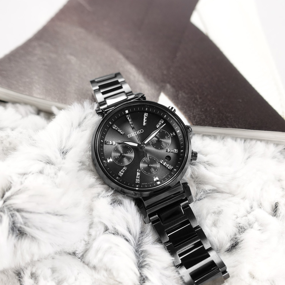 SEIKO 精工 / V175-0DY0SD / 限量款 LUKIA 太陽能 三眼計時 不鏽鋼手錶 鍍黑 36mm