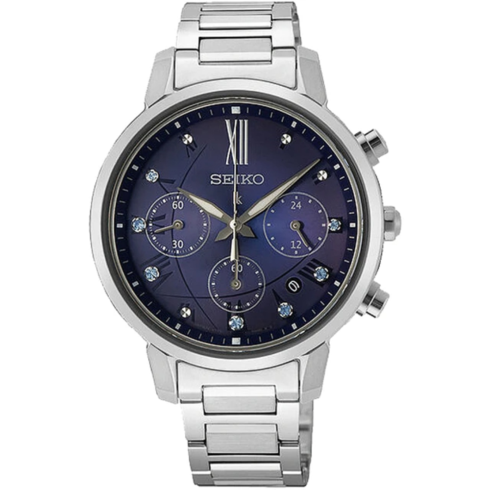 SEIKO 精工 LUKIA 太陽能璀璨晶鑽三眼計時錶/藍紫/36.2mm (V175-0FC0B/SSC921J1)