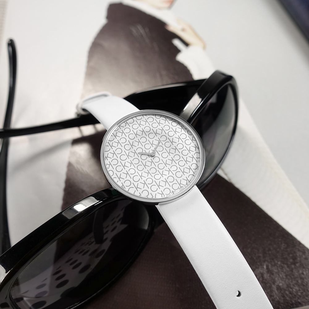 CK / KAG231LX / 經典LOGO 超薄 礦石強化玻璃 瑞士製造 皮革手錶 白色 38mm