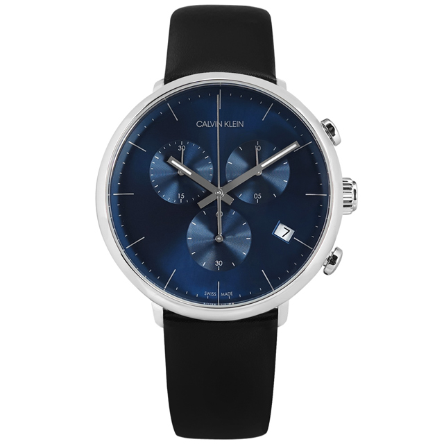 CK / K8M271CN / 紳士簡約 三眼計時 日期 夜光 瑞士製造 皮革手錶 藍x銀框x黑 43mm