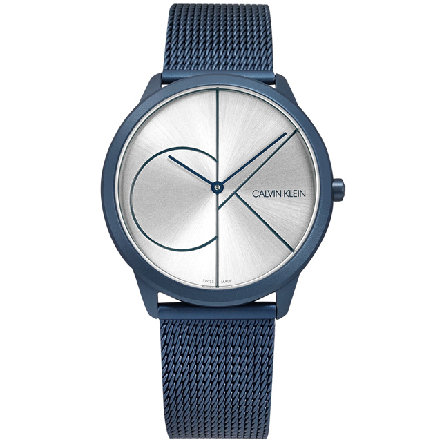 CK / K3M51T56 / 經典大LOGO 超薄 米蘭編織不鏽鋼手錶 銀x鍍藍 40mm