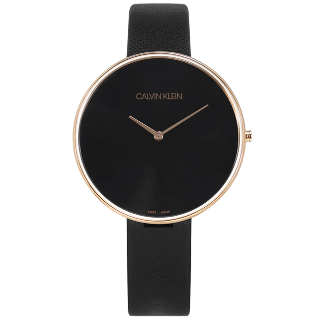 CK / K8Y236C1 / 簡約時尚 超薄 瑞士製造 皮革手錶 黑x玫瑰金框 42mm
