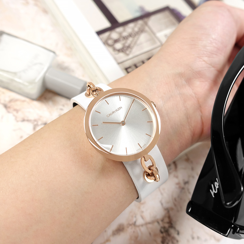CK / KBM236L6 / 極簡風格 細緻迷人 礦石強化玻璃 皮革手錶 銀x玫瑰金框x白 34mm