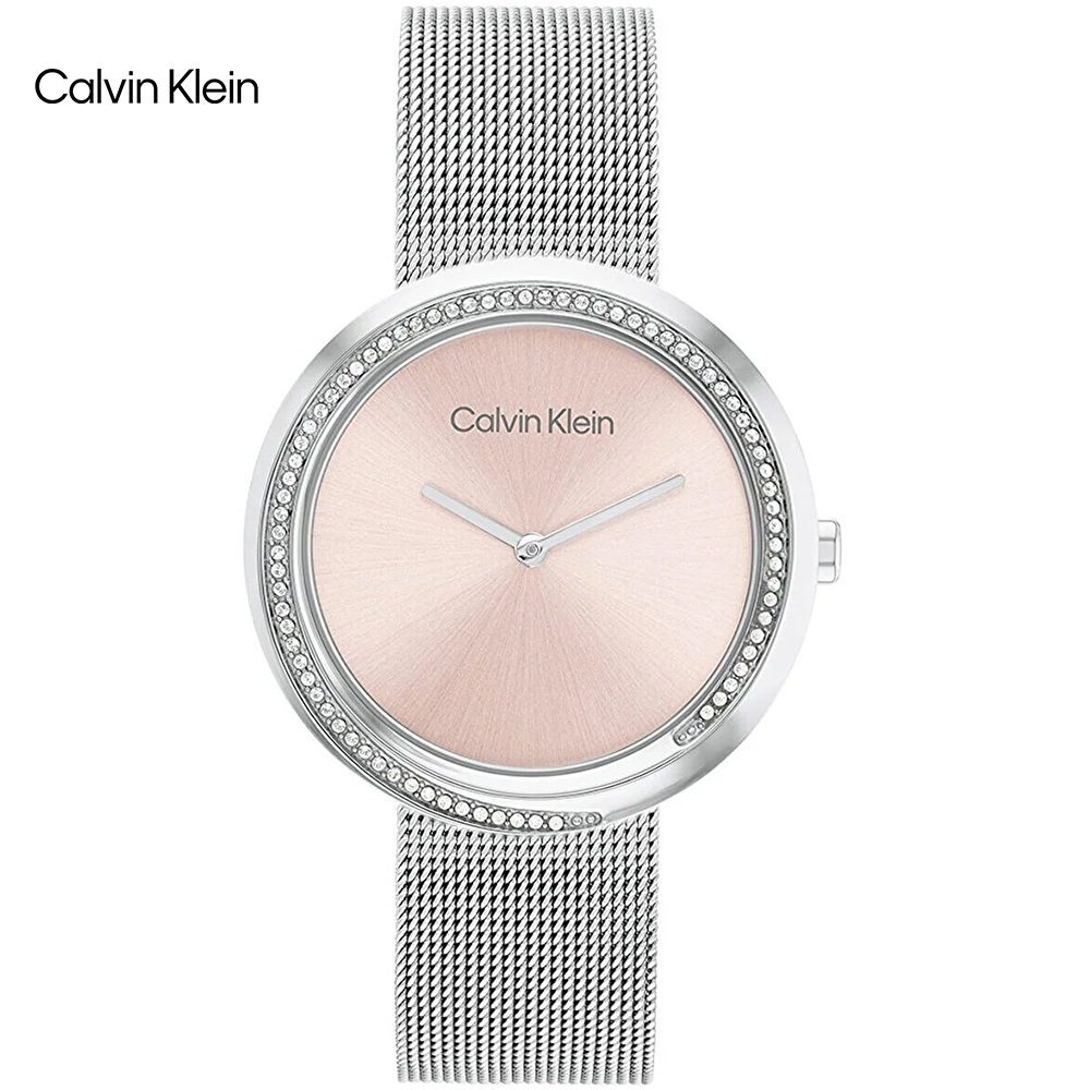 Calvin Klein 典雅晶鑽米蘭帶腕錶/粉X銀/34mm/CK25200149
