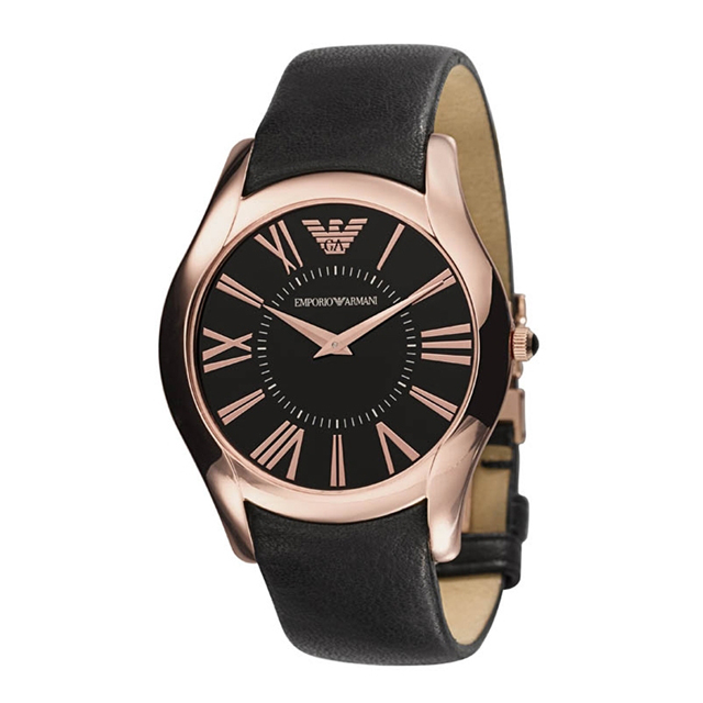 帝國 Emporio Armani 時尚品味超薄款皮革腕錶(黑/玫瑰金)