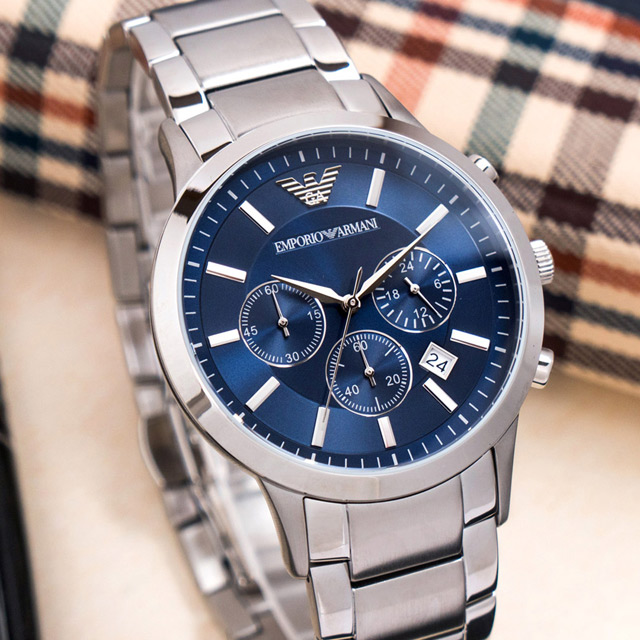 【ARMANI】亞曼尼 公司貨 時尚型男魅力三眼計時不鏽鋼腕錶/銀x藍面(AR2448)