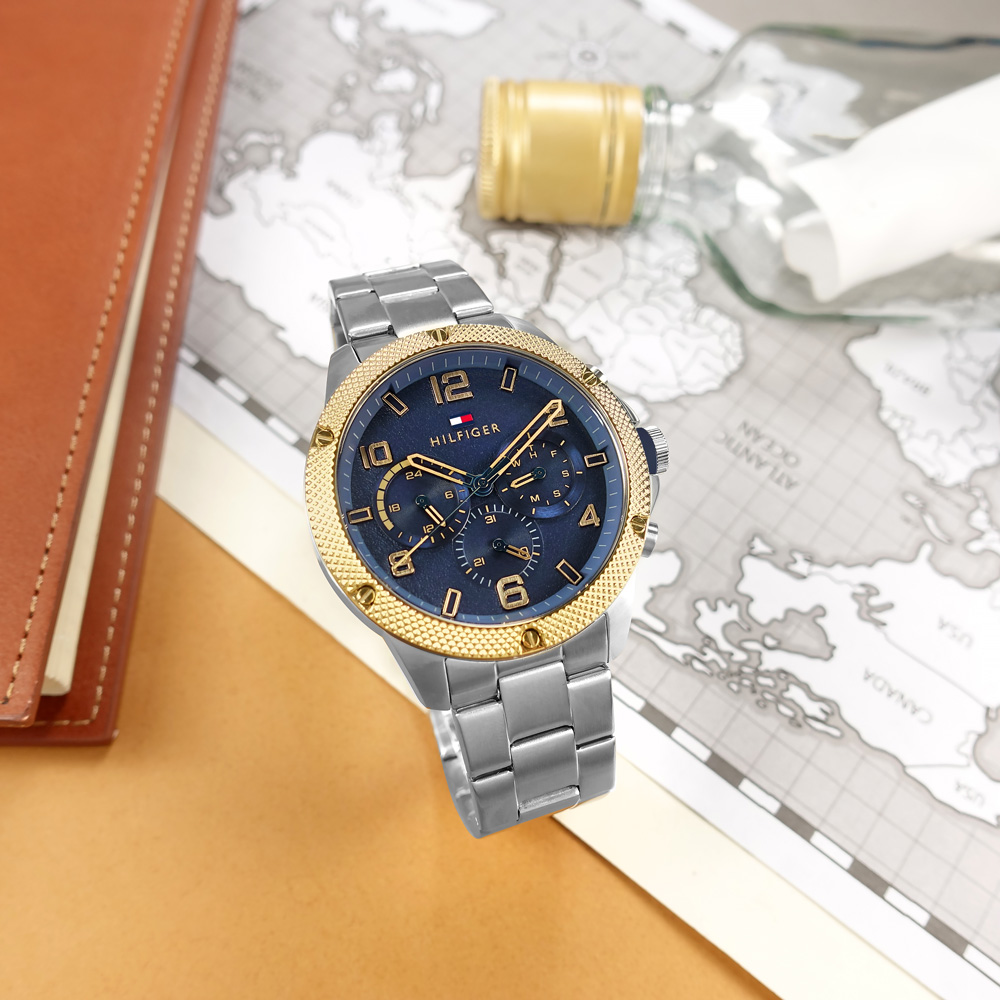 TOMMY HILFIGER / 1792031 / 復古時尚 大刻度 經典潮流 星期日期 不鏽鋼手錶 藍色 46mm