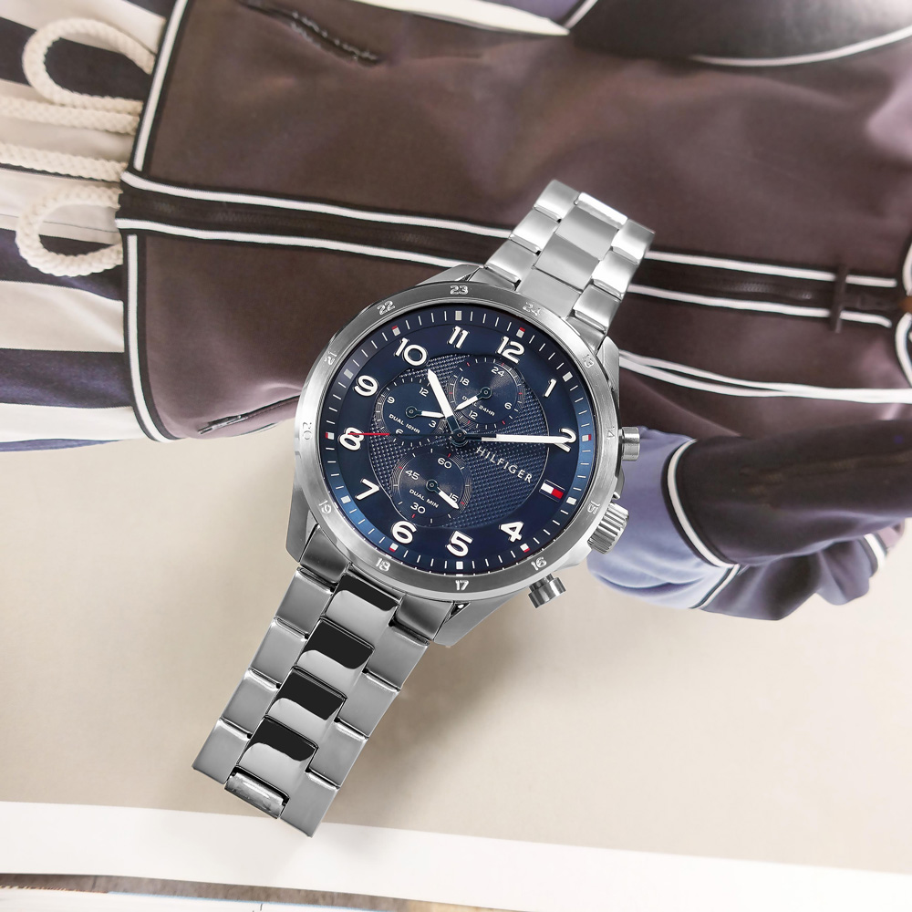 TOMMY HILFIGER / 1792007 / 都會時尚 經典潮流 兩地時間 不鏽鋼手錶 藍色 44mm