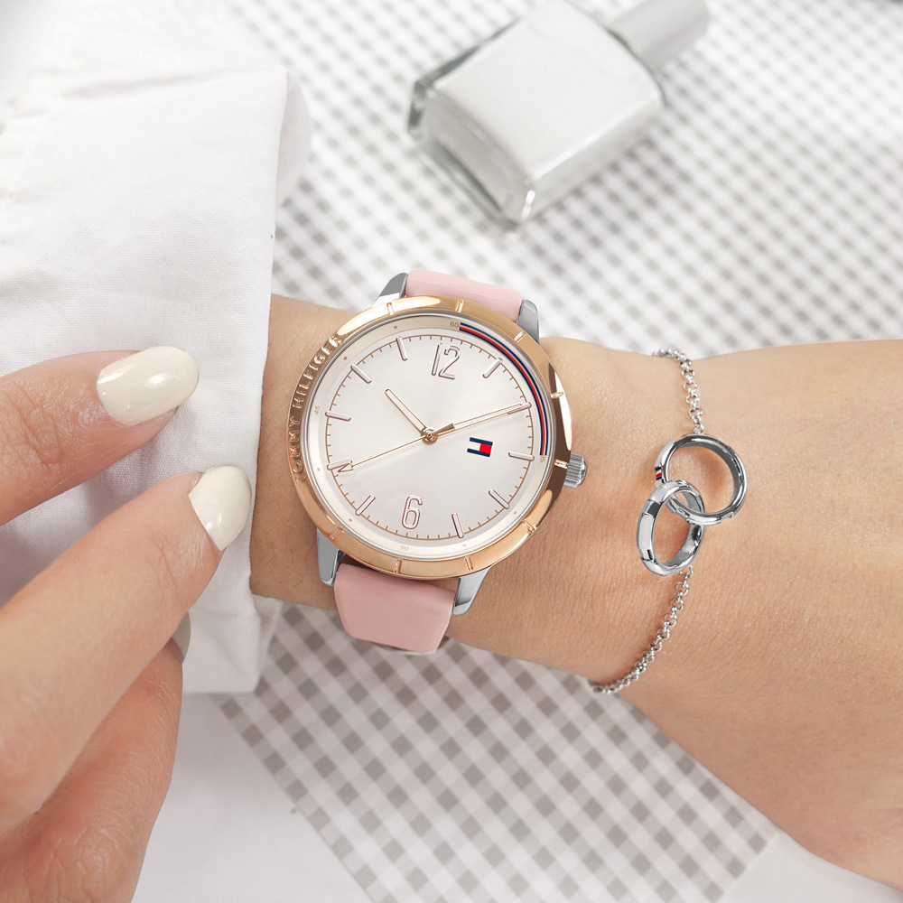 TOMMY HILFIGER / 2770152 / 極簡時尚 優雅迷人 矽膠手錶 禮盒組 白x銀框x粉紅 38mm
